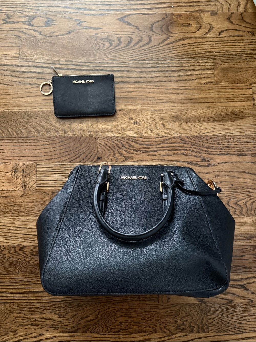 Michael Kors Black Pebble Leather Satchel with Zip Card Case
